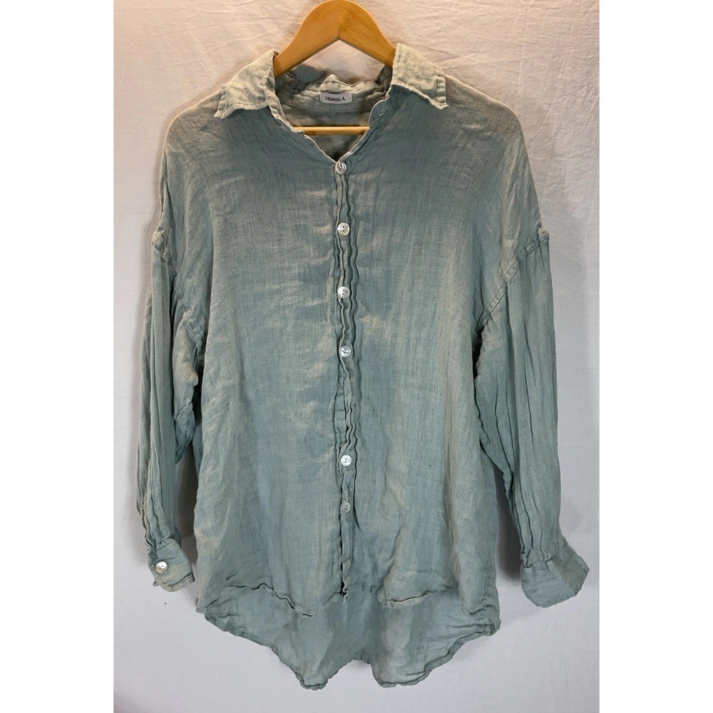 VITAMIN A Blue Linen Playa Button-Down Vacation Shirt, Beach Cover-Up Women's S